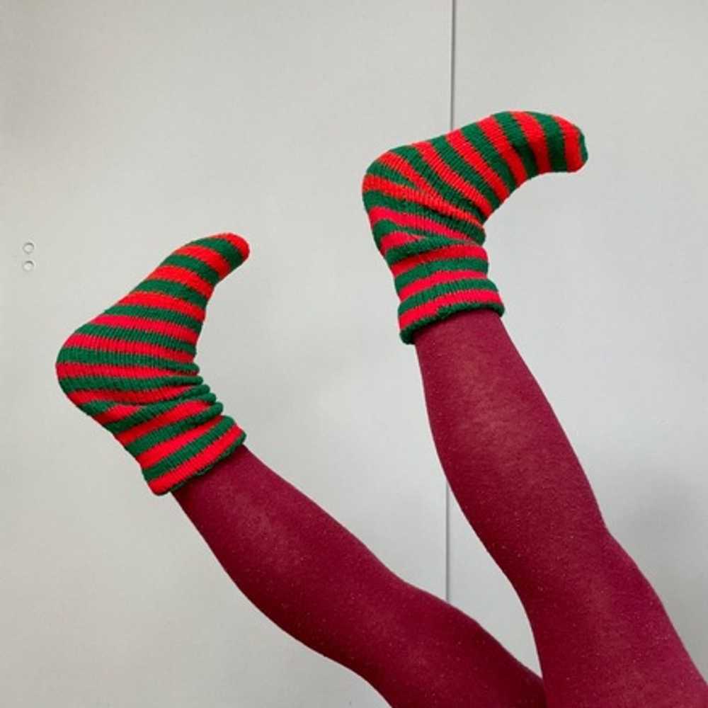 Red & Green candy cane striped fuzzy socks - image 2