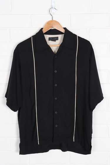 Silk Striped Black & Beige Button Up Bowling Shir… - image 1