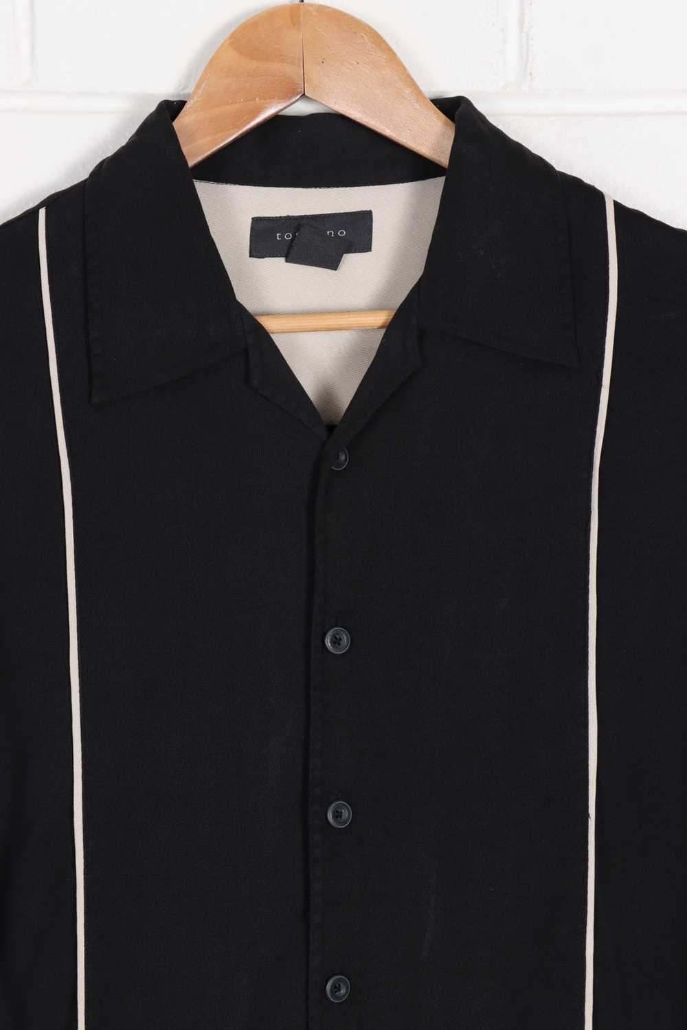 Silk Striped Black & Beige Button Up Bowling Shir… - image 2