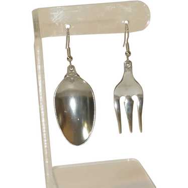 Fork and Spoon Silver Tone Pierced Earrings