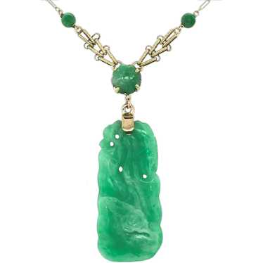 Art Deco 14K Carved Jadeite Jade Pendant