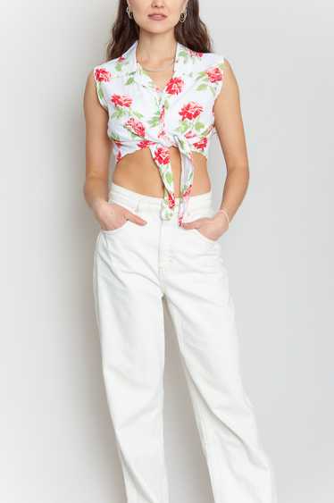 Super crop blouse to tie White With Rose Pattern