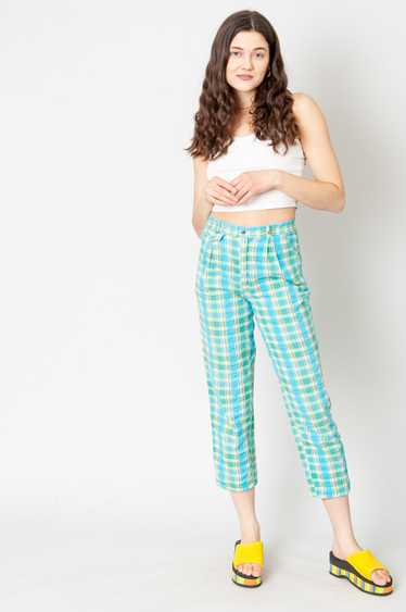 Plaid Pants High Waist Turquoise From Cotton
