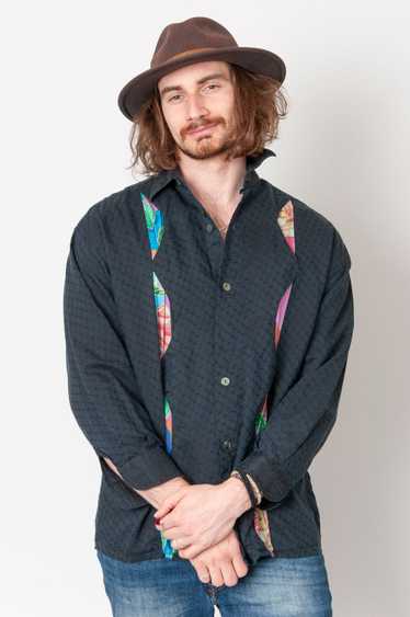 80s Inspired Long Shirt Black With Colorful Cotto… - image 1