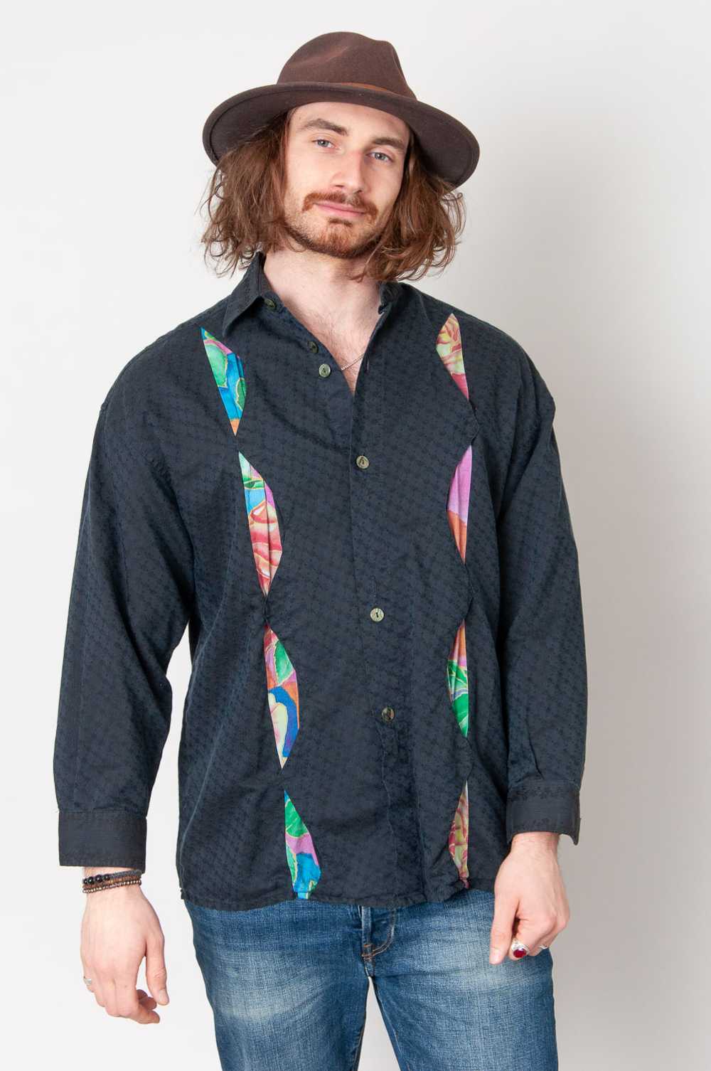 80s Inspired Long Shirt Black With Colorful Cotto… - image 2