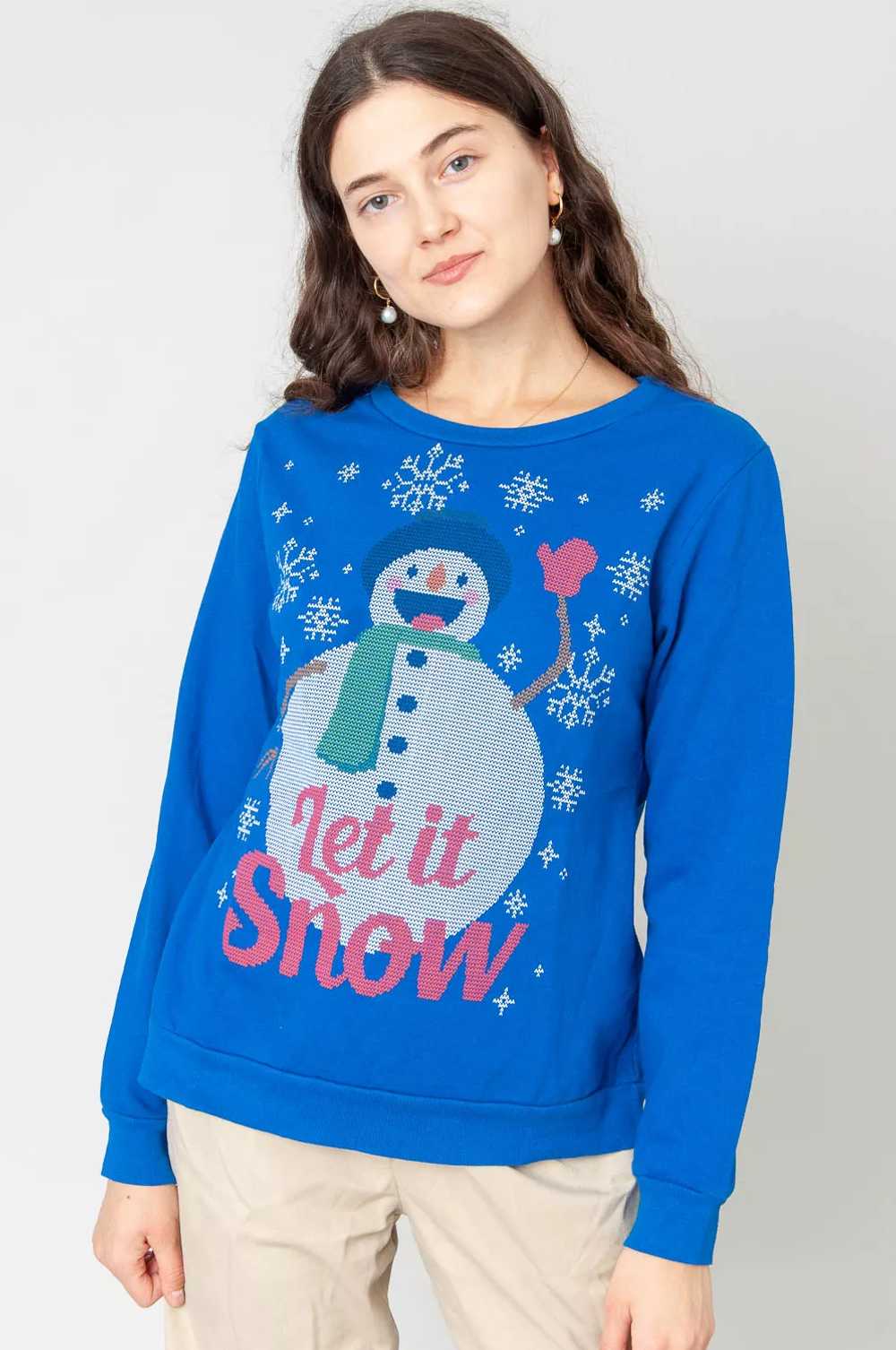 Let It Snow Christmas Sweater Blue With Snowman M… - image 1