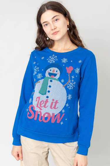 Let It Snow Christmas Sweater Blue With Snowman M… - image 1