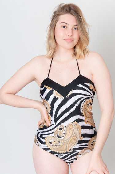 Brown Paisley And Zebra Swimsuit Black And White W