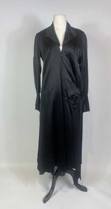 1920s Black Silk Satin Long Sleeve Wrap Dress