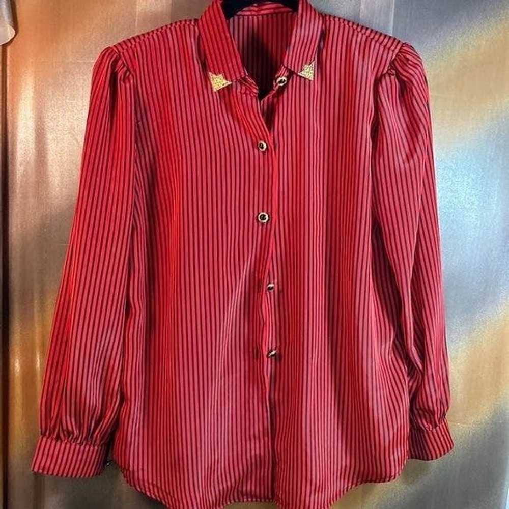 Vintage 90’s Striped Blouse Shirt Gold Collar Tip… - image 1