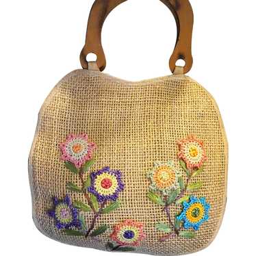 Straw Beach Bag Vintage Handmade Woven Shoulder Bag Raffia circle