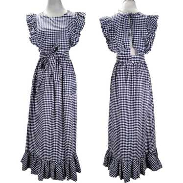 70s Pinafore Maxi Dress Size XS/S Blue Gingham - image 1