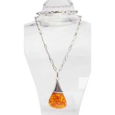 Stunning long sterling silver large amber pendant… - image 1