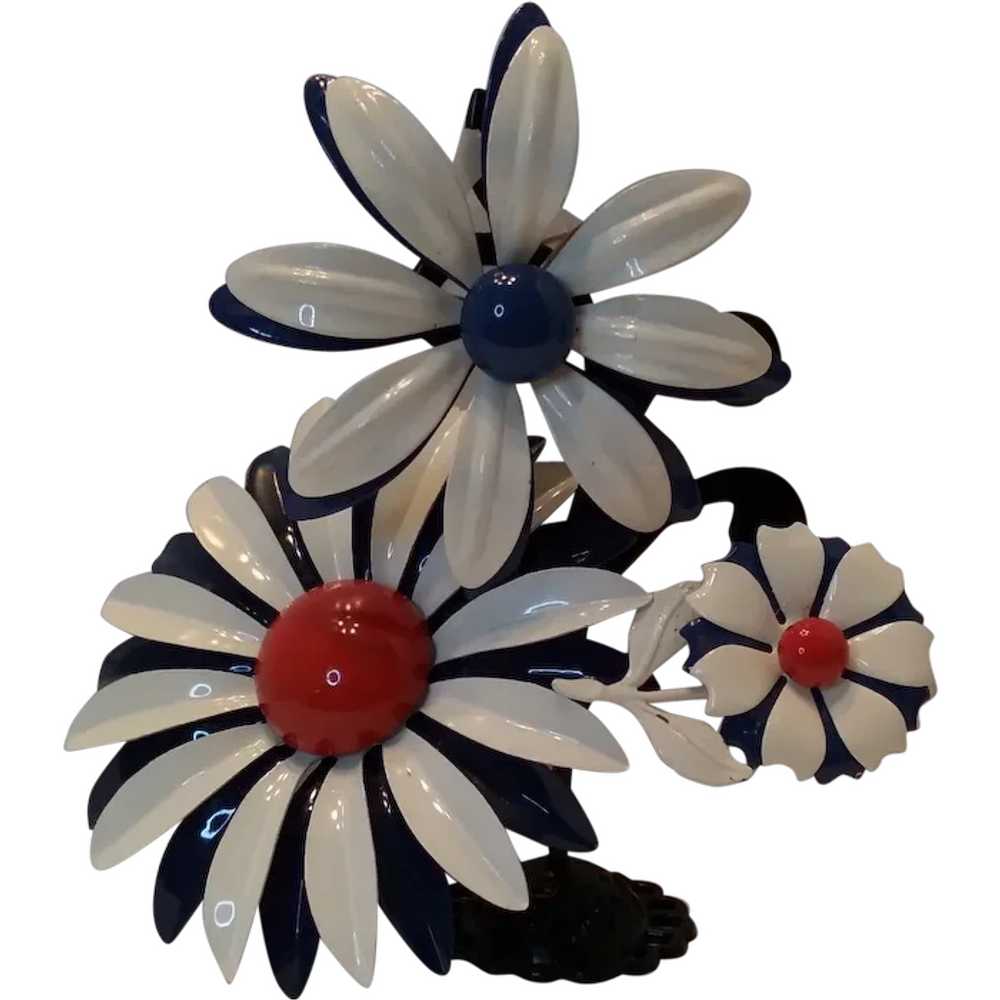 60's Trio of Tiered Enamel Flower Pins Red White … - image 1