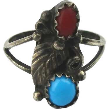 Sweet Old Navajo Sterling Silver Turquoise Coral … - image 1