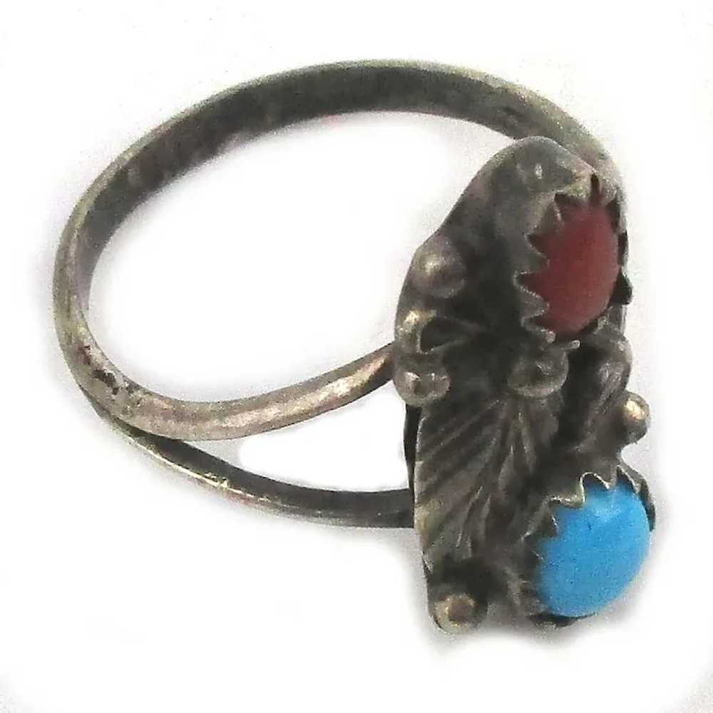 Sweet Old Navajo Sterling Silver Turquoise Coral … - image 3