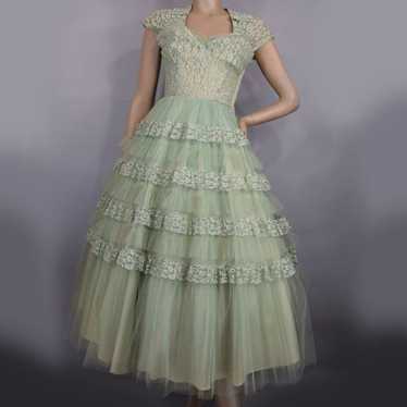 Pale Sage Green Ruffled Tulle & Lace Vintage 50s … - image 1