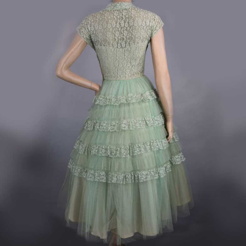 Pale Sage Green Ruffled Tulle & Lace Vintage 50s … - image 5