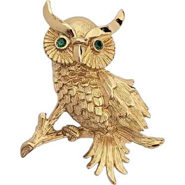 Monet Gold Tone Green Rhinestone Eyes Owl Brooch … - image 1