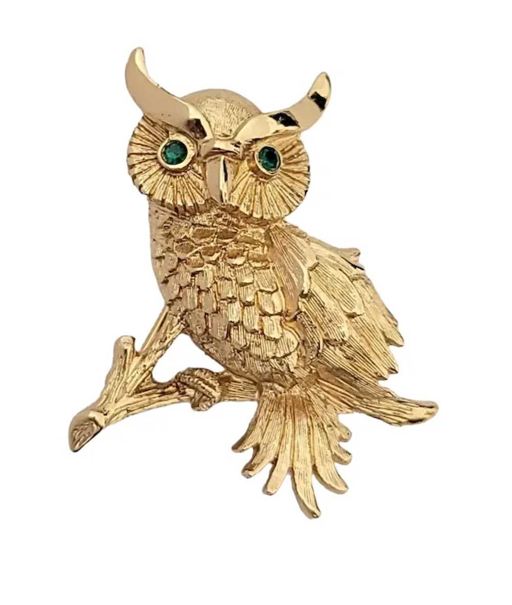 Monet Gold Tone Green Rhinestone Eyes Owl Brooch … - image 2