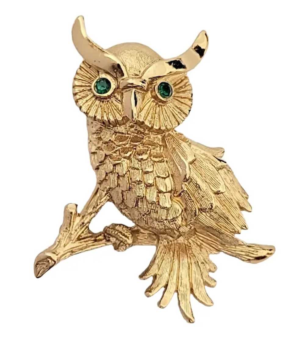Monet Gold Tone Green Rhinestone Eyes Owl Brooch … - image 9