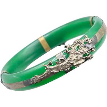 Green Glass Bangle Bracelet with Dragon and Phoen… - image 1