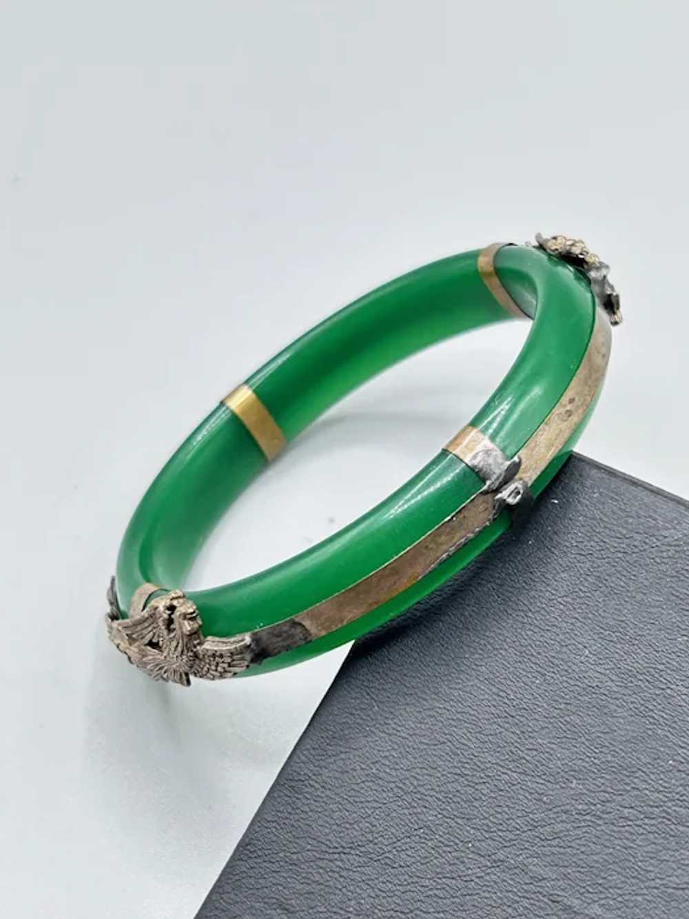 Green Glass Bangle Bracelet with Dragon and Phoen… - image 2