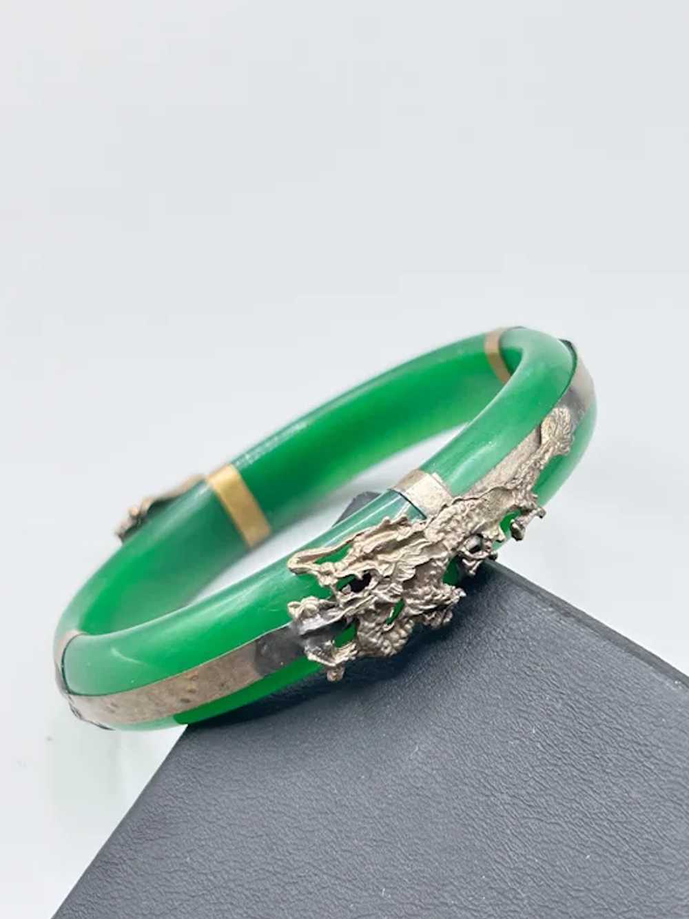 Green Glass Bangle Bracelet with Dragon and Phoen… - image 3