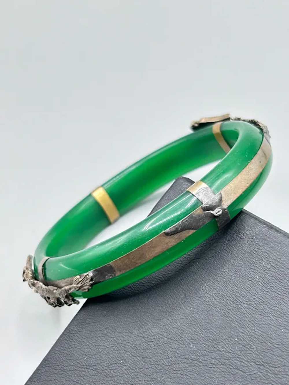 Green Glass Bangle Bracelet with Dragon and Phoen… - image 4