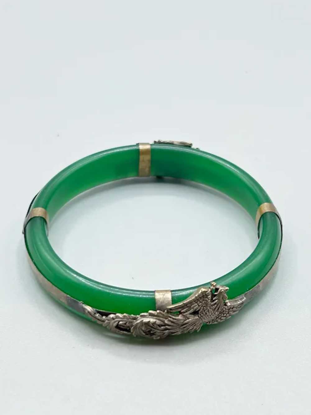 Green Glass Bangle Bracelet with Dragon and Phoen… - image 5