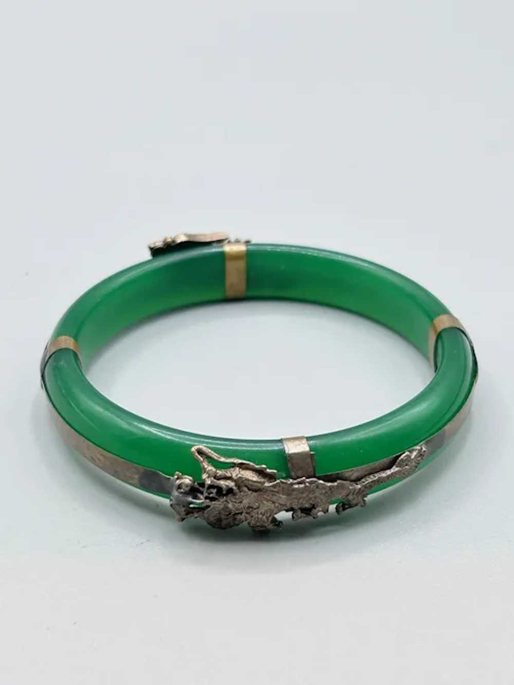 Green Glass Bangle Bracelet with Dragon and Phoen… - image 6