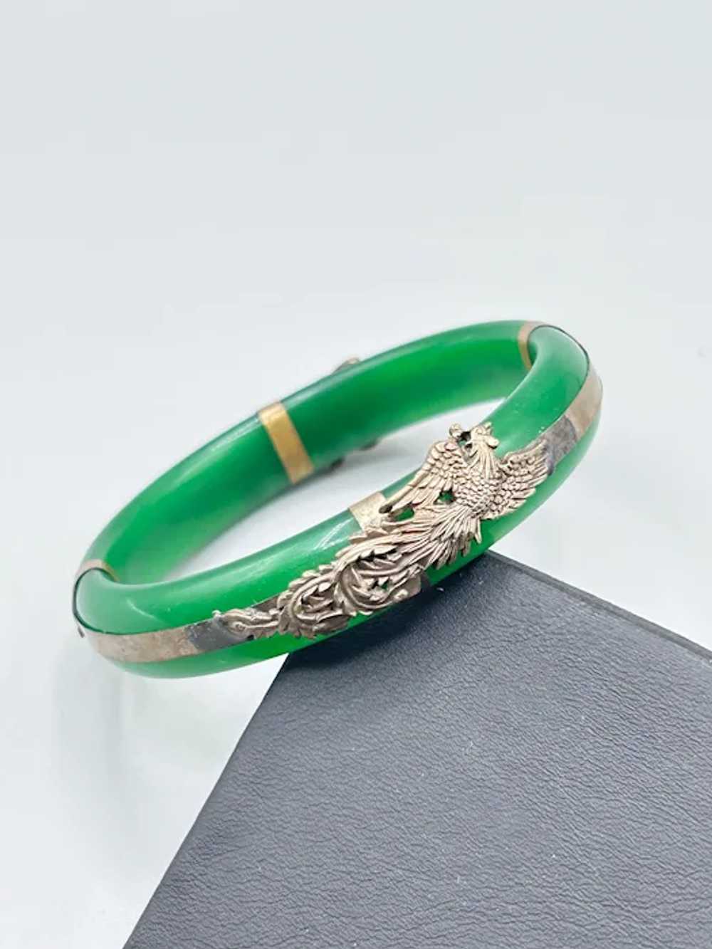 Green Glass Bangle Bracelet with Dragon and Phoen… - image 7