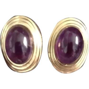14k Oval  Amethyst Framed Button Earrings - image 1