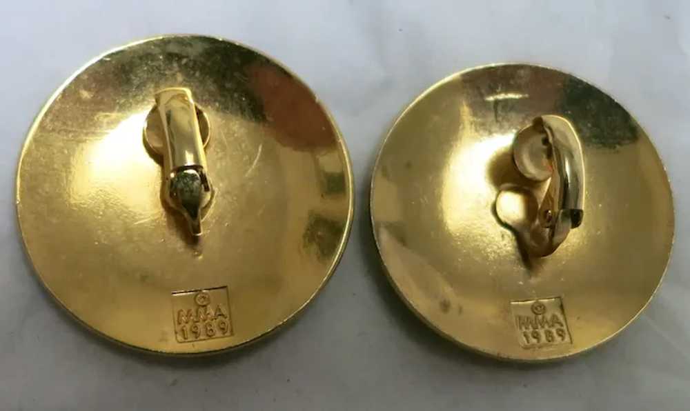 Gold tone Cobalt Enamel MMA 1989 Earrings - image 3