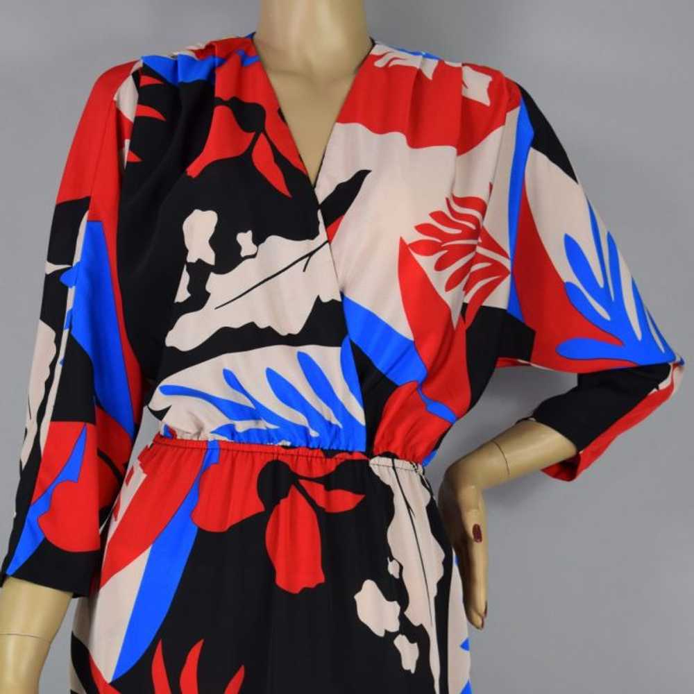 Red Blue Black Vibrant Print Vintage 80s Dress wi… - image 2
