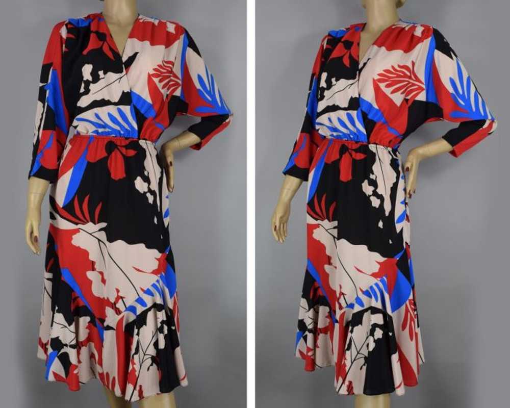 Red Blue Black Vibrant Print Vintage 80s Dress wi… - image 4