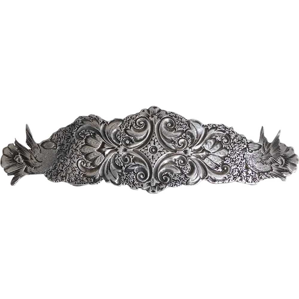 Victorian Intricate Engraved Sterling Bar Pin w B… - image 1