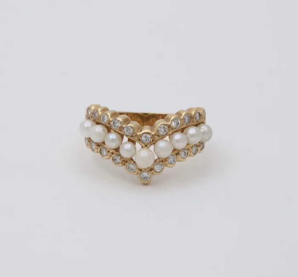 Vintage V Shape 14K Yellow Gold Pearl & Diamond R… - image 4