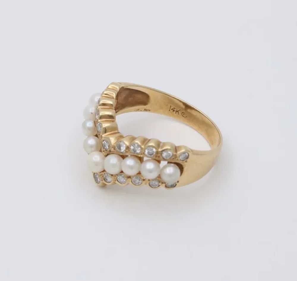 Vintage V Shape 14K Yellow Gold Pearl & Diamond R… - image 5