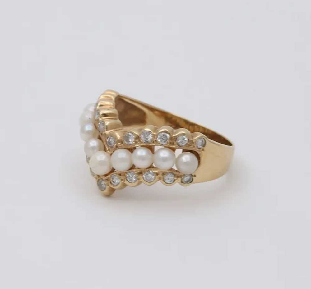 Vintage V Shape 14K Yellow Gold Pearl & Diamond R… - image 7
