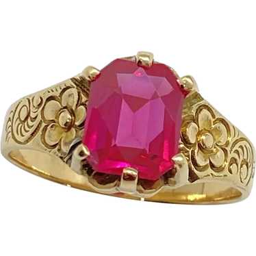 Edwardian Era Floral Detail Solitaire Ring Ruby 3… - image 1