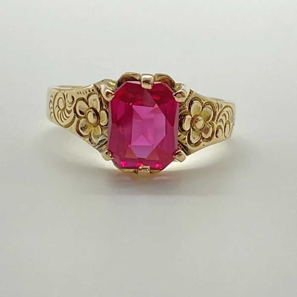 Edwardian Era Floral Detail Solitaire Ring Ruby 3… - image 2