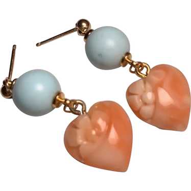 Carved Pink Angel Skin And Turquoise Heart Earrin… - image 1