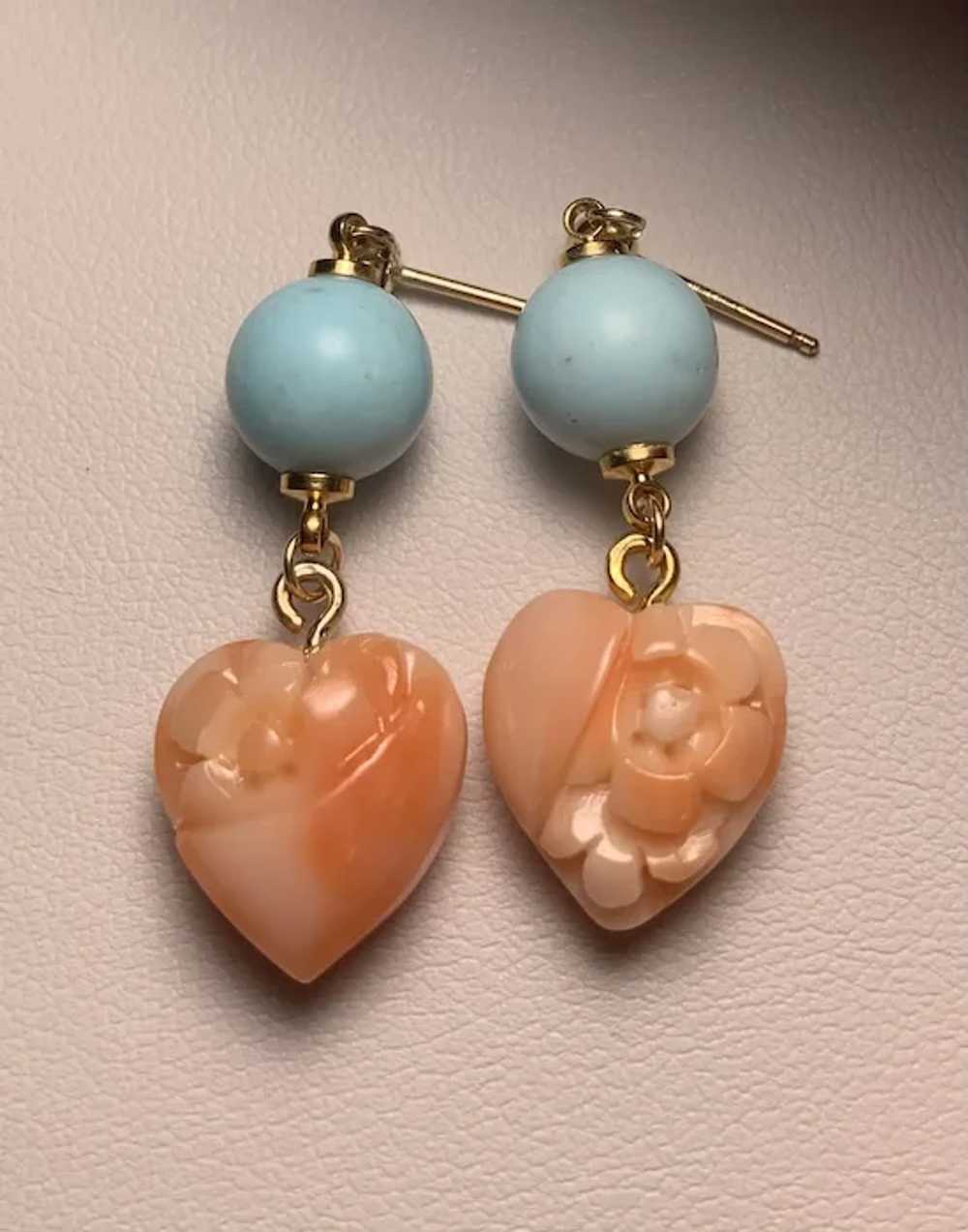Carved Pink Angel Skin And Turquoise Heart Earrin… - image 2