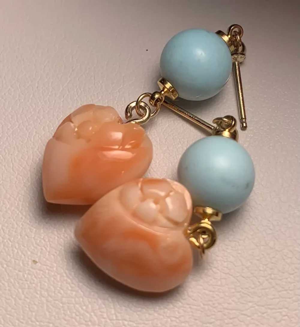 Carved Pink Angel Skin And Turquoise Heart Earrin… - image 3