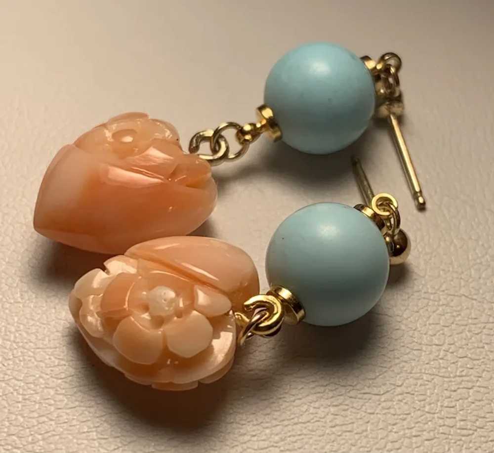 Carved Pink Angel Skin And Turquoise Heart Earrin… - image 4