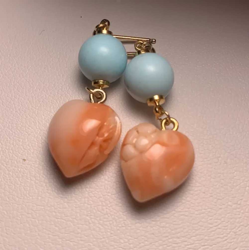 Carved Pink Angel Skin And Turquoise Heart Earrin… - image 5