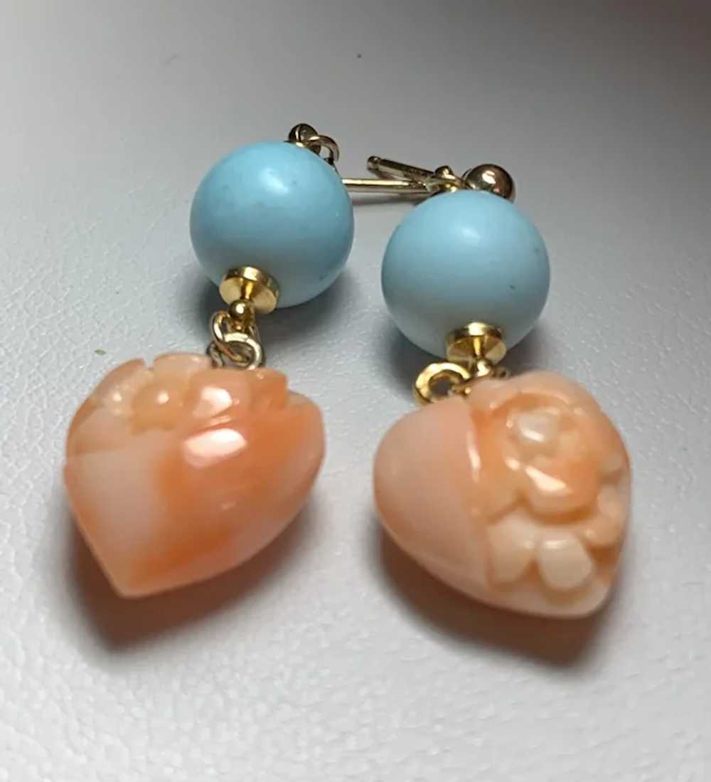 Carved Pink Angel Skin And Turquoise Heart Earrin… - image 6