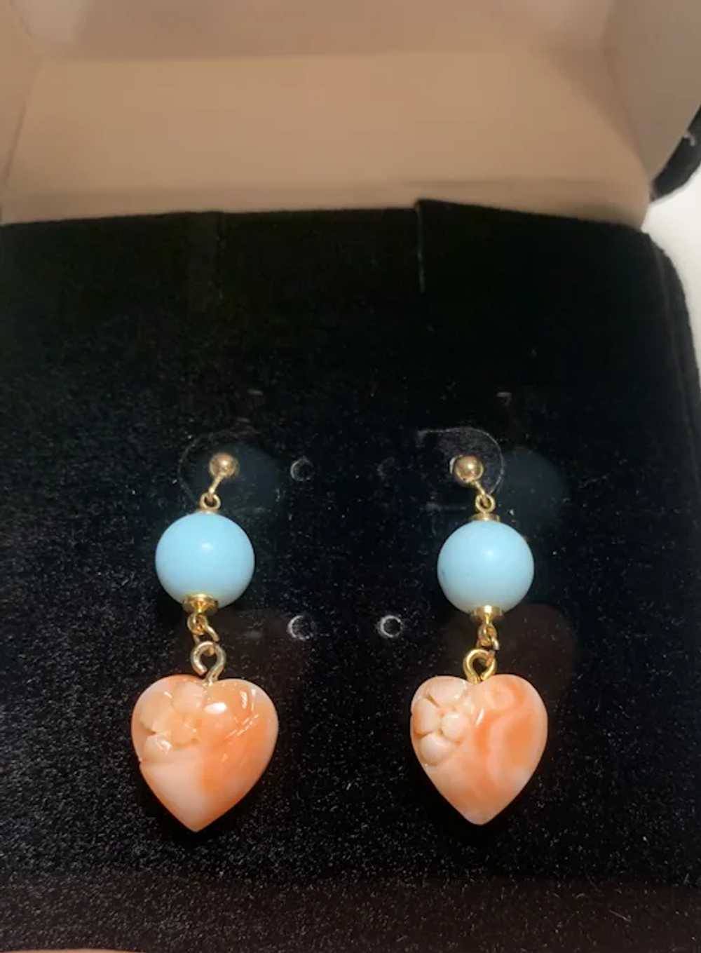 Carved Pink Angel Skin And Turquoise Heart Earrin… - image 7