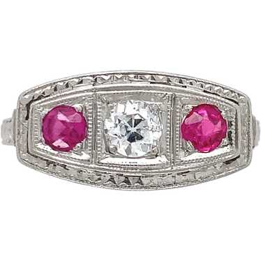 Platinum .16ct Diamond & Synthetic Ruby Filigree R